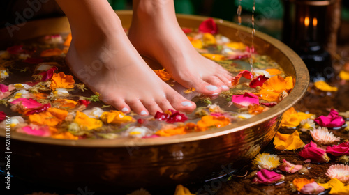 Spa treatment for feet with beautiful pedicure in golden Thai bowl with water with flower petals. Body care. Beauty salon. Close-up of a woman washing delicate and smooth feet