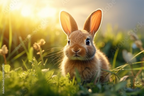 AI generated illustration of an adorable brown rabbit on green grass © Wirestock