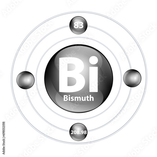 Icon structure chemical element Bismuth (Bi) round shape circle black with surround ring. Period number shows of energy levels of electron. Study science for education. 3D Illustration vector. photo