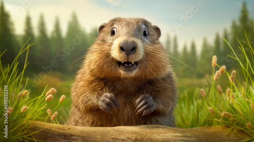 A cute fluffy marmot crawled out of its hole among meadow grasses and flowers on a sunny spring day.
