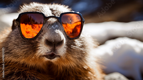 A cute, fluffy marmot crawled out of his hole wearing sunglasses among the white snow on a sunny day. © ALA