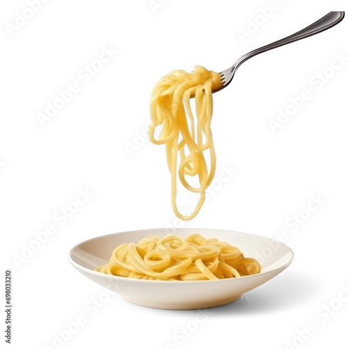 Pasta carbonara flying in the air with fork on isolate transparency background, PNG photo