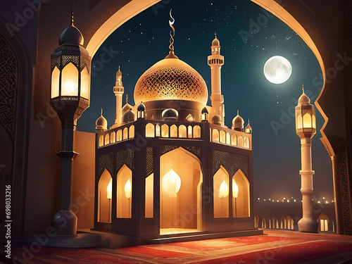 illustration of amazing architecture design of muslim mosque arabic lantern of ramadan celebration. ai generated photo