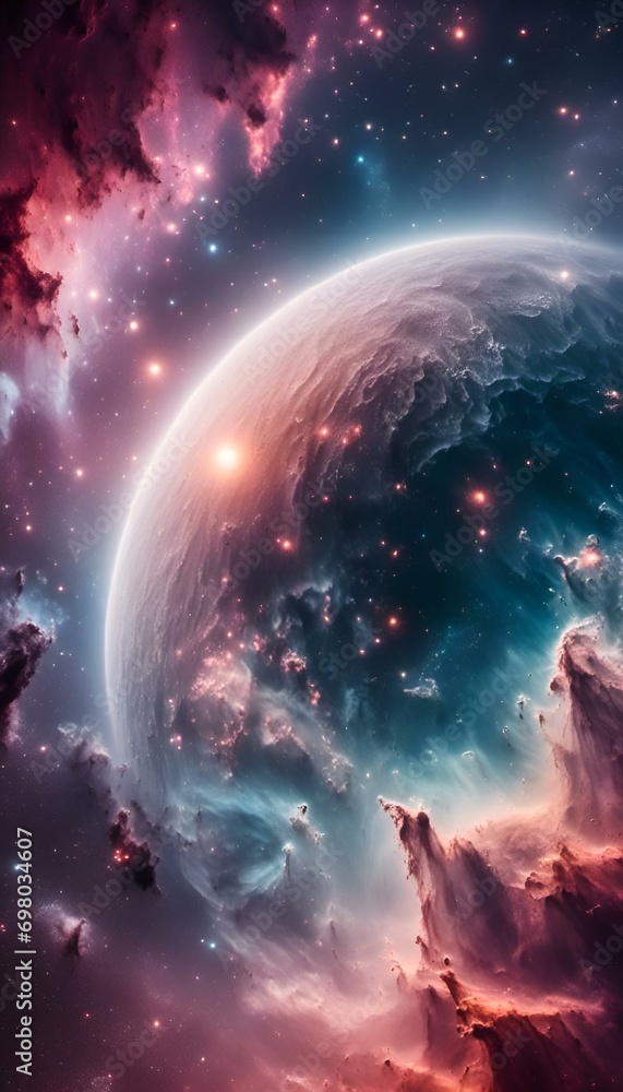 AI generated illustration of a majestic planet surrounded by a swirling nebula of stars