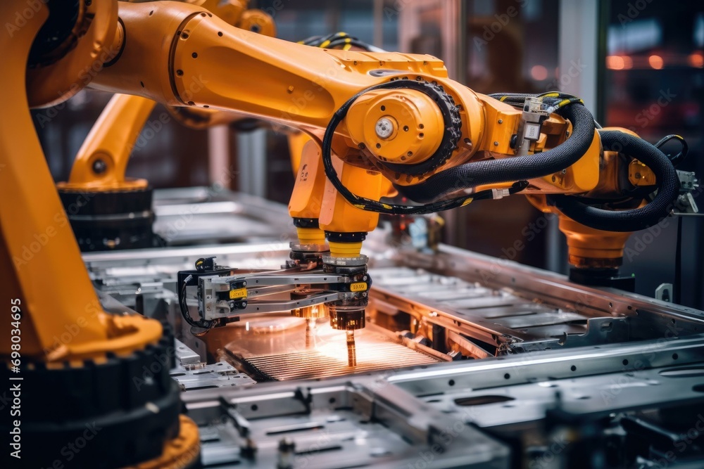 Efficient robots mold and trim rubber parts in a futuristic factory, producing a variety of products with precision. Generative AI. Efficient robots mold and trim rubber parts in a futuristic factory, producing a variety of products with precision. Generative AI.
