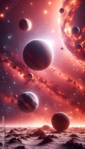 AI generated illustration of a scenic view of planets, stars, and cosmic dust in the outer space