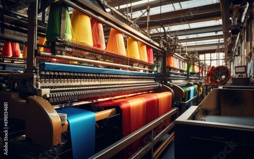 A vibrant textile factory buzzing with automated looms weaving colorful fabrics under natural light. Generative AI.