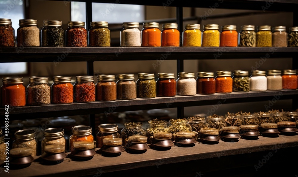A spice processing plant filled with jars of aromatic spices, creating a captivating blend of scents. Generative AI. A spice processing plant filled with jars of aromatic spices, creating a captivating blend of scents. Generative AI.