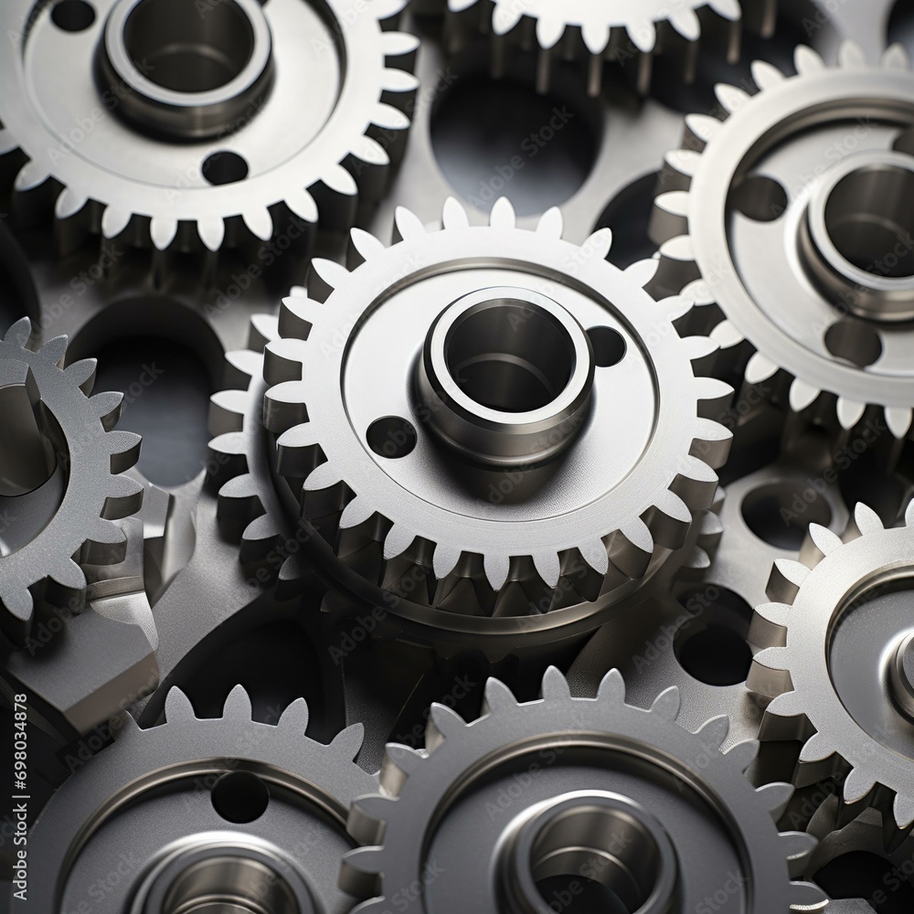 A sleek arrangement of brushed aluminum gears, showcasing sophisticated industrial minimalism. Generative AI. A sleek arrangement of brushed aluminum gears, showcasing sophisticated industrial minimalism. Generative AI.