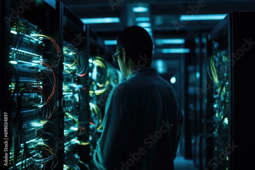 A network engineer configuring servers in a high-tech server room, ensuring smooth communication infrastructures. Generative AI.