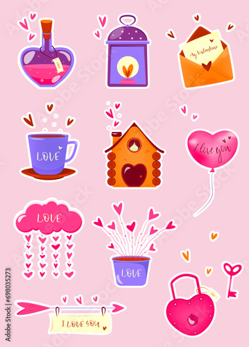 Set of illustrations for Valentine's Day. Flat cartoon style. Set of stickers devoted to love