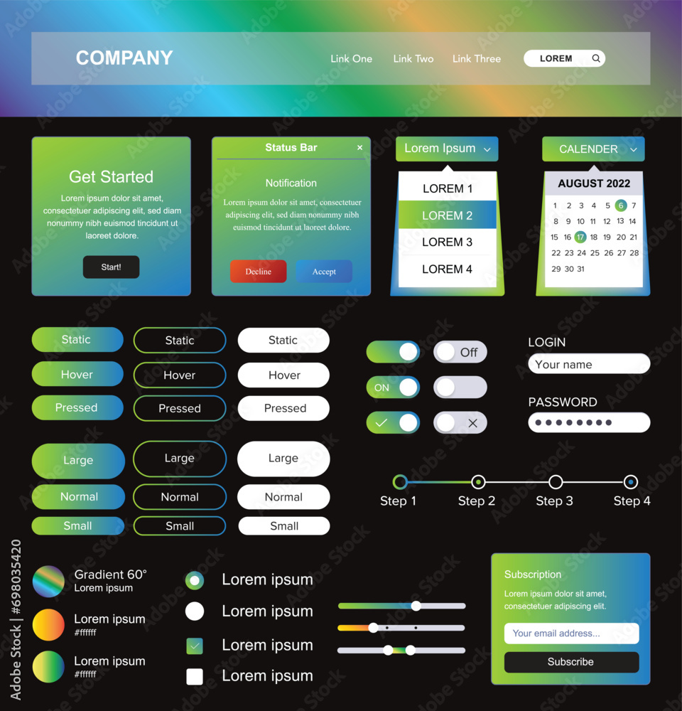Multipurpose UI kit for website. Start, Buttons gui, Color palette ...