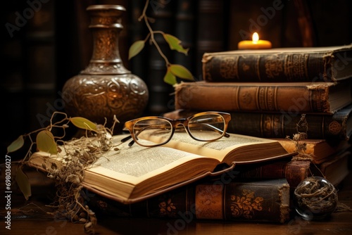 Intriguing still life of antique books and vintage spectacles, intellectual ambiance with a touch of nostalgia