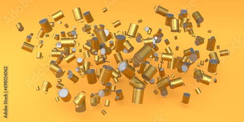 Many of flying metal cans or buckets on yellow background.