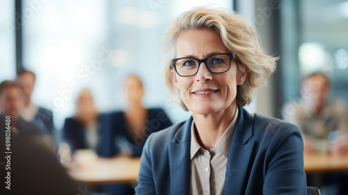 An experienced woman confidently leading a boardroom meeting.