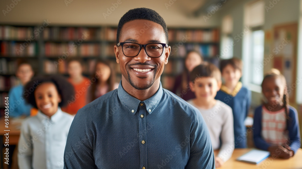 smiling black male teacher in a class at elementary school smiling black male teacher in a class at elementary school
