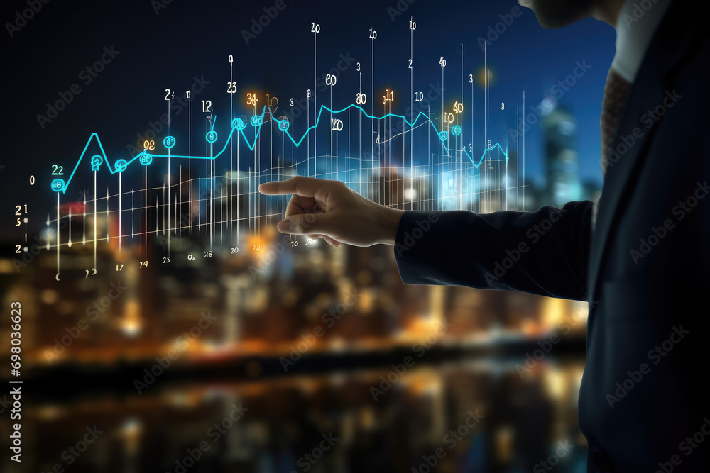 Close up of hand pointing at glowing business chart on dark blue background. Close up of hand pointing at glowing business chart on dark blue background.