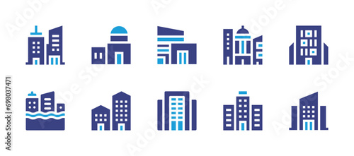 Building icon set. Duotone color. Vector illustration. Containing business, office building, shopping mall, company, flood, workplace, office, building.