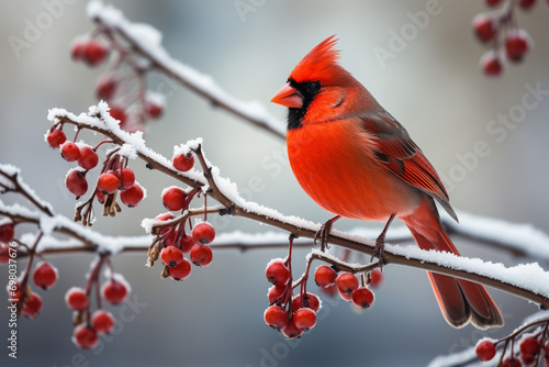 A close-up of a red cardinal perched on a snow-covered branch, adding a pop of color to the serene winter landscape. photo