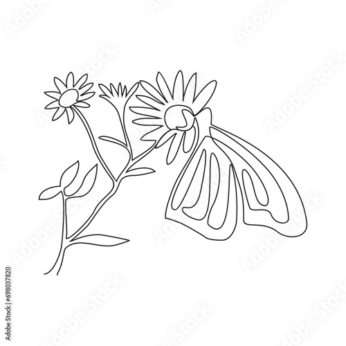 One continuous line drawing of a beautiful flower and butterfly land on that vector illustration. Design with Minimalist black linear design isolated. Flower themes for your business asset design.