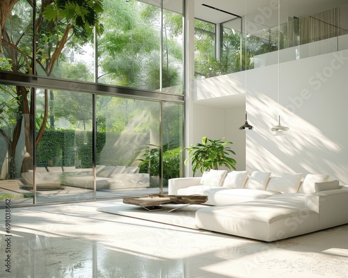 Contemporary Living Room Design with Stunning Backyard View - 3D Rendering photo