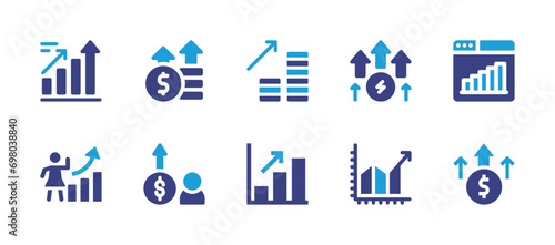 Growth icon set. Duotone color. Vector illustration. Containing bar chart, coins, statistics, self improvement, bar graph, money, benefits, diagram, profit, energetic. photo