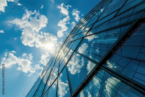 Modern Geometric Office Building Reflecting Blue Sky  An Abstract Architecture Concept