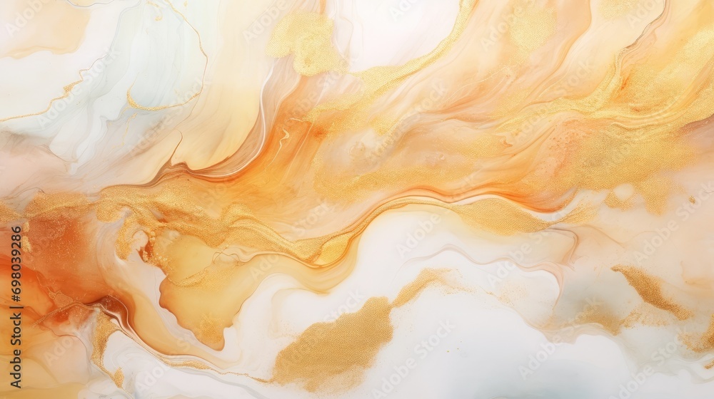 Natural luxury abstract fluid art painting in alcohol ink technique. Tender and dreamy wallpaper. Mixture of colors creating transparent waves and golden swirls. For posters, Generative Ai