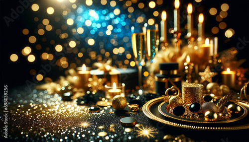black and gold bokeh, featuring gold and silver elements on a dark background