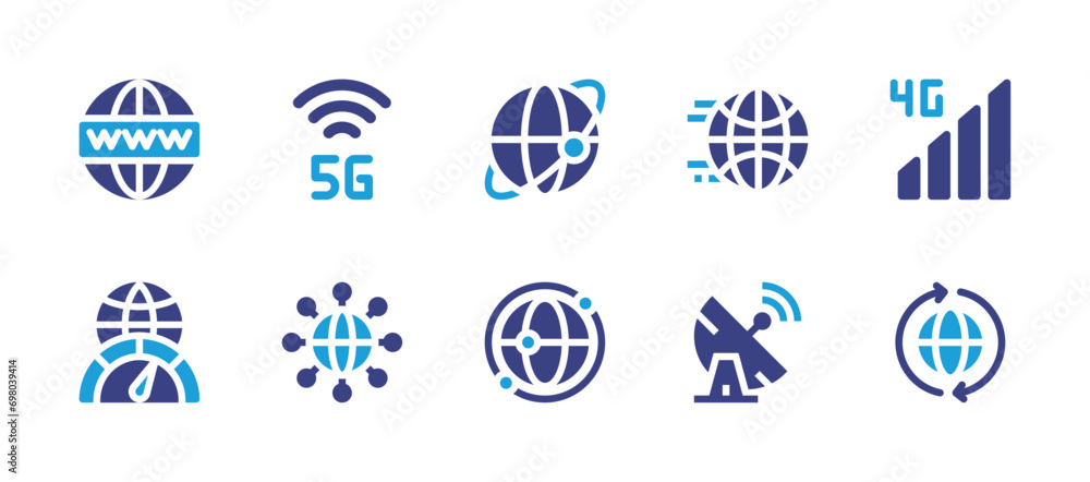 Internet icon set. Duotone color. Vector illustration. Containing world wide web, internet, g, high speed, globalization, worldwide, globe, world, satellite.