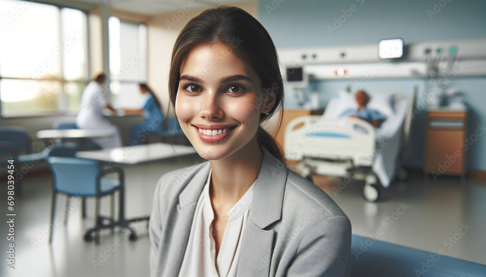 25yearold businesswoman smiling with her hair tied back standing in a hospital 25yearold businesswoman smiling with her hair tied back standing in a hospital