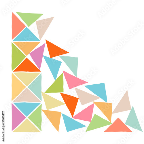 Multicolored triangles fall from a pillar built of triangles. Scattered colorful triangles, children's toys.