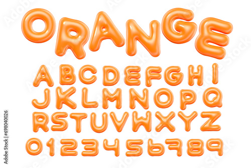 3d style vector of inflated glossy orange alphabet and numbers on white background