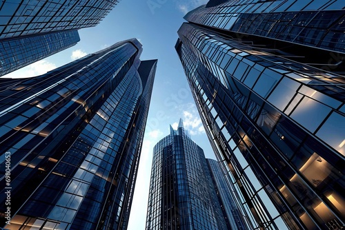 Modern cityscape dominated by sleek skyscrapers. Architecture is testament to human achievement reaching towards sky with innovation. Buildings are blue reflecting and futuristic nature of city