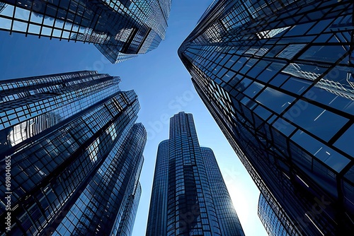 Modern cityscape dominated by sleek skyscrapers. Architecture is testament to human achievement reaching towards sky with innovation. Buildings are blue reflecting and futuristic nature of city