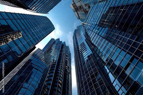 Modern cityscape dominated by sleek skyscrapers. Architecture is testament to human achievement reaching towards sky with innovation. Buildings are blue reflecting and futuristic nature of city © Bussakon