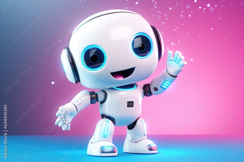 Smiling cute little robot with big eyes welcomes at pastel gradient background. Smiling cute little robot with big eyes welcomes at pastel gradient background.