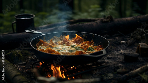 Forest breakfast over fire, generative ai