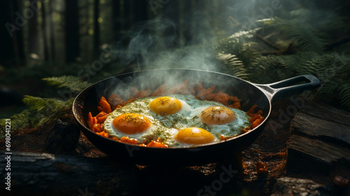 Outdoor Culinary Tradition: Eggs and Bacon Over Open Fire, Generative AI