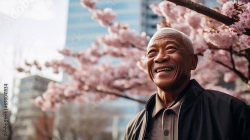 Modern happy elderly smiling dark-skinned African man against the backdrop of pink cherry blossoms and metropolis city.