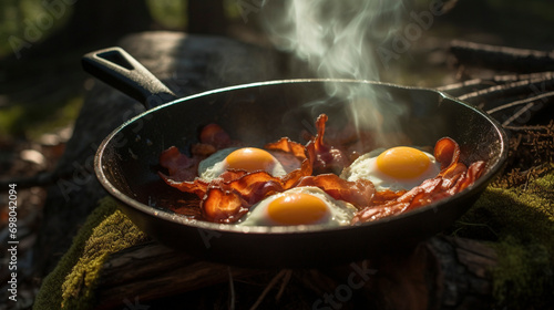 Wilderness Breakfast Tradition: Eggs and Bacon on Open Flame, Generative AI