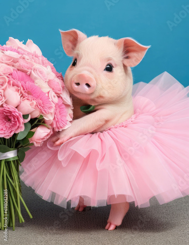 a cute little piggy in a pink tutu and flowers.