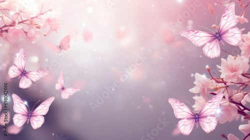 Abstract natural spring background with butterflies and light pink dark meadow flowers closeup.