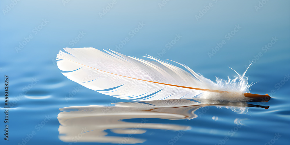 White feather floating in a pool of water, Swan feathers elegantly glide in a reflective scene crafting a serene and poetic tableau.  - obrazy, fototapety, plakaty 