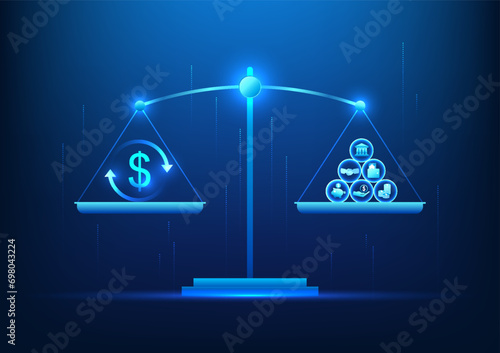 Weighing scale Weighing money with icons representing work, investing, and saving money in exchange for money for future expenses. Vector illustration