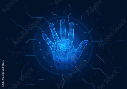Cybersecurity technology Hands connected to technology circuit Show identification by scanning your handwriting. to access important cyber information with data protection system