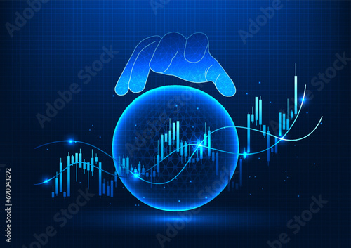 Stock graph technology that shows the value of companies on the stock market to allow investors to join in with the business and expand business Hand holding a stock chart Finance that uses technology