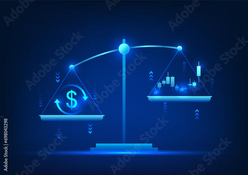 Weighing scale Weighing money with the stock graph shows the price of the stock graph rising. Those who invest will receive profits from increased stock prices. Vector background illustration