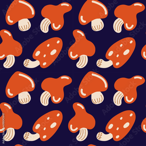 Pattern with red mushrooms on a blue background. Children's pattern on the theme of forests and mushrooms