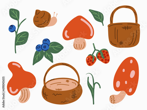 The forest set. Mushrooms, berries, baskets, grass, blueberries, raspberries, snail. A set of forest illustrations for children's books, clothes, prints